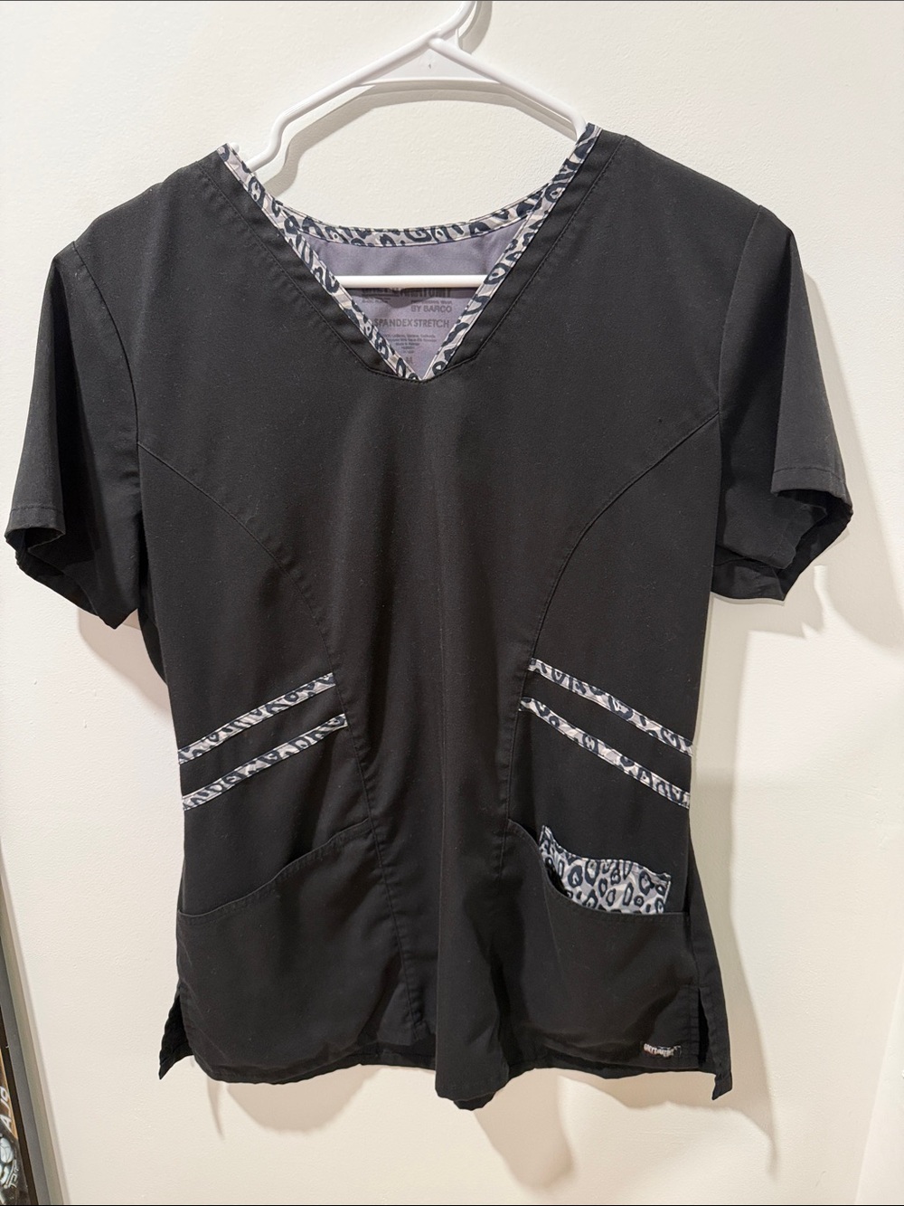 Grey's Anatomy Black V-Neck Scrub Top with Gray Leopard Trim